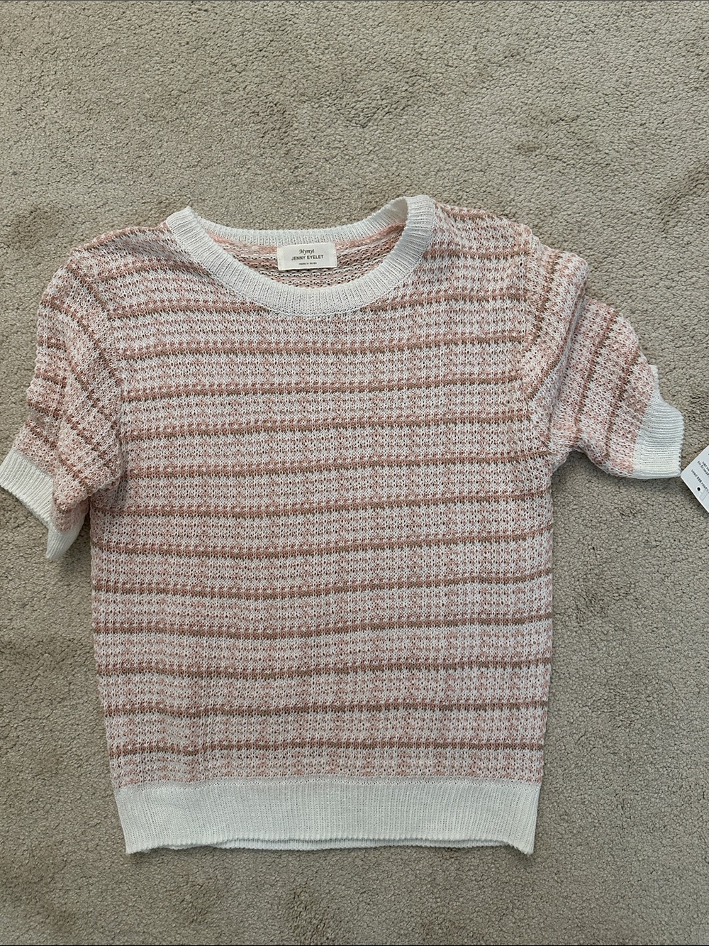 Short-Sleeve Striped Knit Sweater - Pink & White